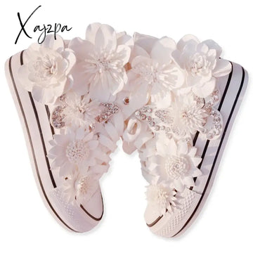 New White Inner Height-Increasing Vulcanized Shoes Original Butterfly Flower High-Top Canvas Sweet
